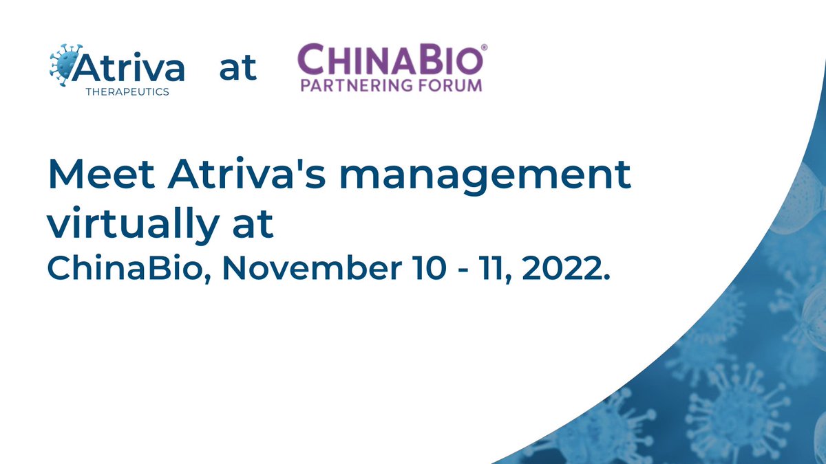 AtrivaTx's tweet photo. We’re attending #ChinaBio - November 10 and November 11
Atriva Therapeutics’ management team will be available for virtual partnering via the partneringONE platform: 
https://t.co/nai10EbVNz https://t.co/MB7ckWKL78