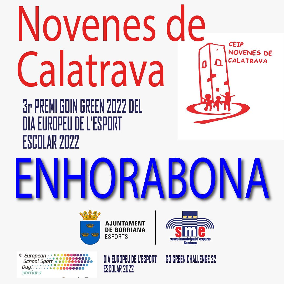 Des de l'SME felicitem a la comunitat educativa del C.E.I.P. Novenes de Calatrava pel 3r Premi Going Green 2022 del Dia Europeu de l'Esport Escolar 2022 que el Jurat Internacional ha entregada a Espanya.
🏅🏆🎉
#AjuntamentBorriana
#AyuntamientoBurriana
Burriana.es