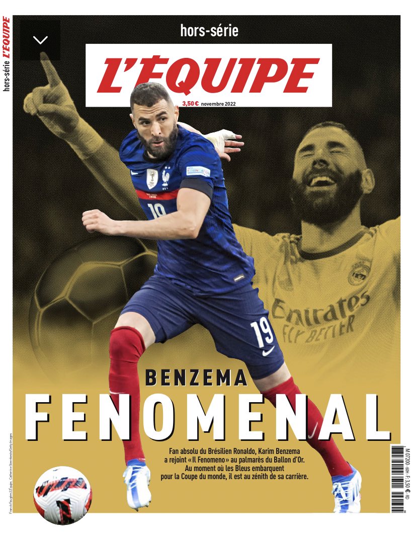 hugoguillemet's tweet image. Très fier d’avoir pleinement participé à ce hors-série de @lequipe, « @Benzema Fenomenal », en kiosques à partir d’aujourd’hui ! Des archives, de l’inédit, des légendes, tout y est: 40 pages spéciales sur le Ballon d’Or 2022.