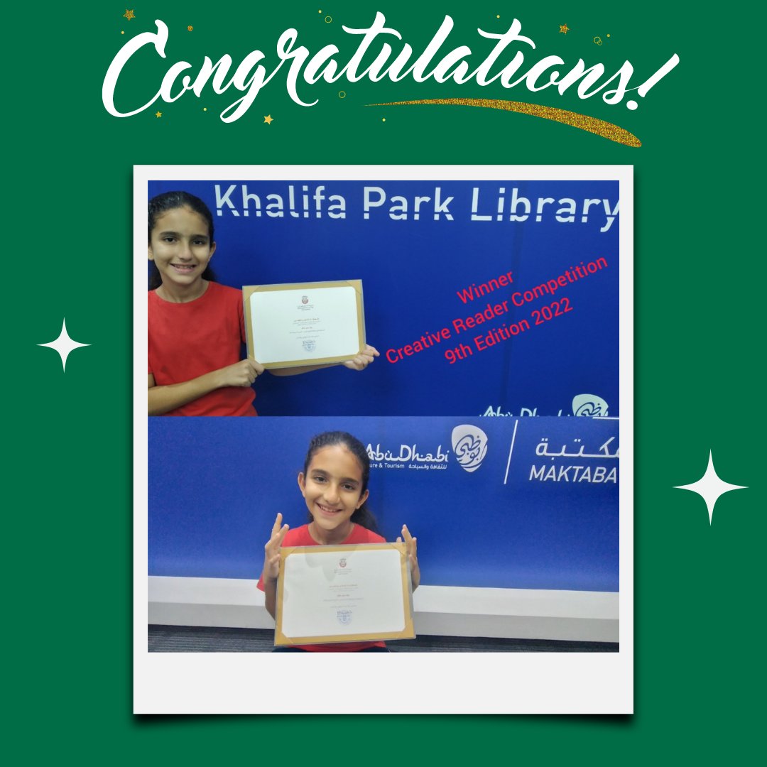 'Many congratulations go to our lovely student who has won a Creative Writing Competition put on by the Department of Culture and Tourism.  Well done Raghad!'