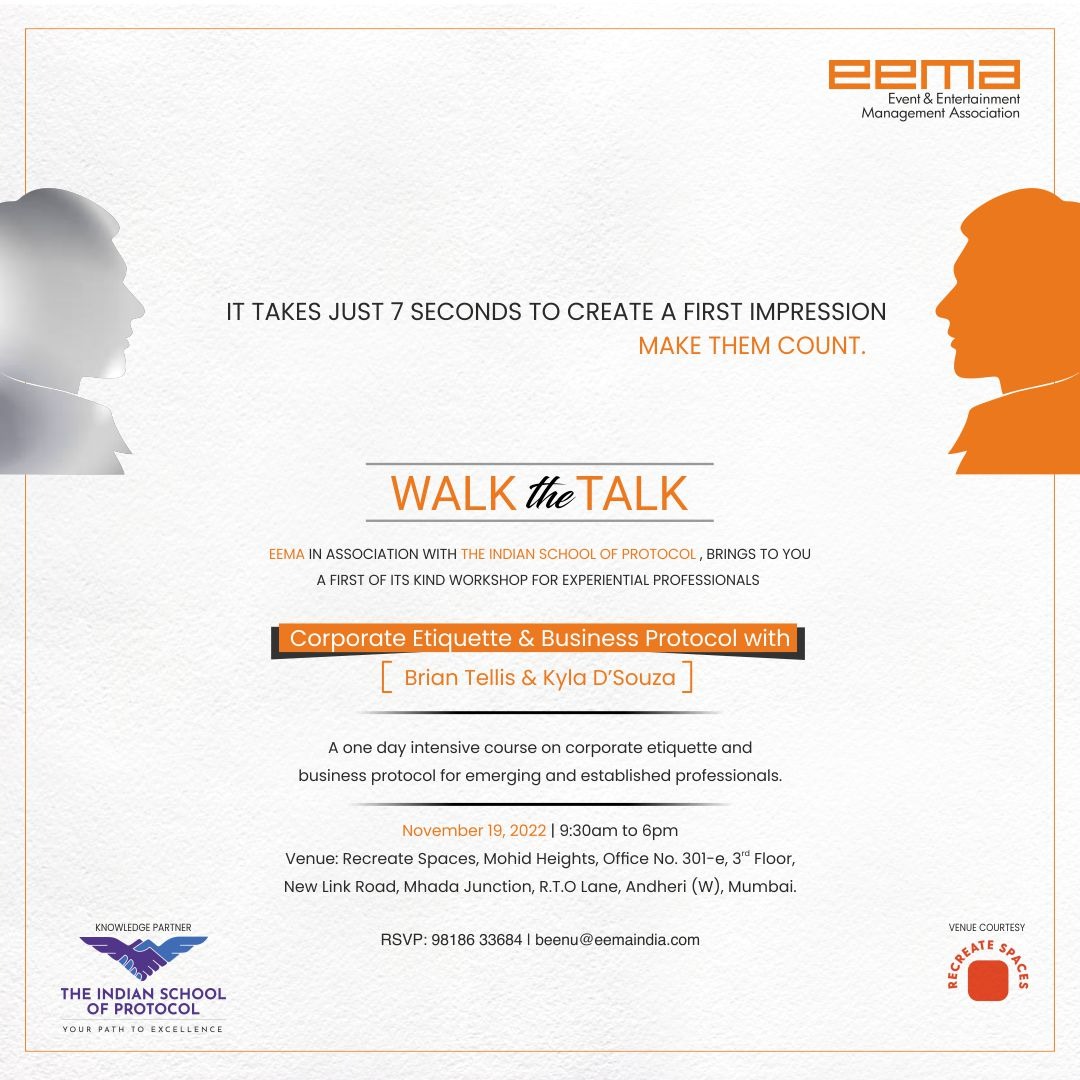 Dear Members,

EEMA in association with The Indian School of Protocol is all set to host first of its kind workshop for the professionals in experiential business on Nov 19, 9:30am to 6pm. 

The registration is priced at INR 2500 + GST per person. 

Link: forms.gle/vg8vEnfp3WEsqR…