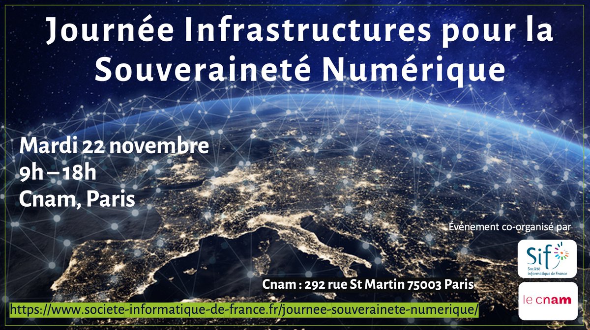 AFNIC's tweet photo. 🗓️ Le 22/11 c'est la Journée Infrastructures pour la Souveraineté #Numérique de la @SocInfoFr et @LeCnam. Retrouvez @bortzmeyer lors du panel «Vers des infrastructures de centres de données réparties et souveraines» à 11h15.

⏩ Infos/inscriptions https://t.co/0AmWAwcwqC

#Afnic https://t.co/5utjLEHYsA