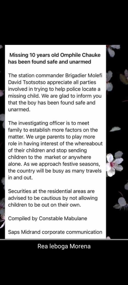 MartinM51075427's tweet photo. @GraemeRichards @Abramjee please confirm if the boy is indeed home and safe. https://t.co/7wCwEb6VMo