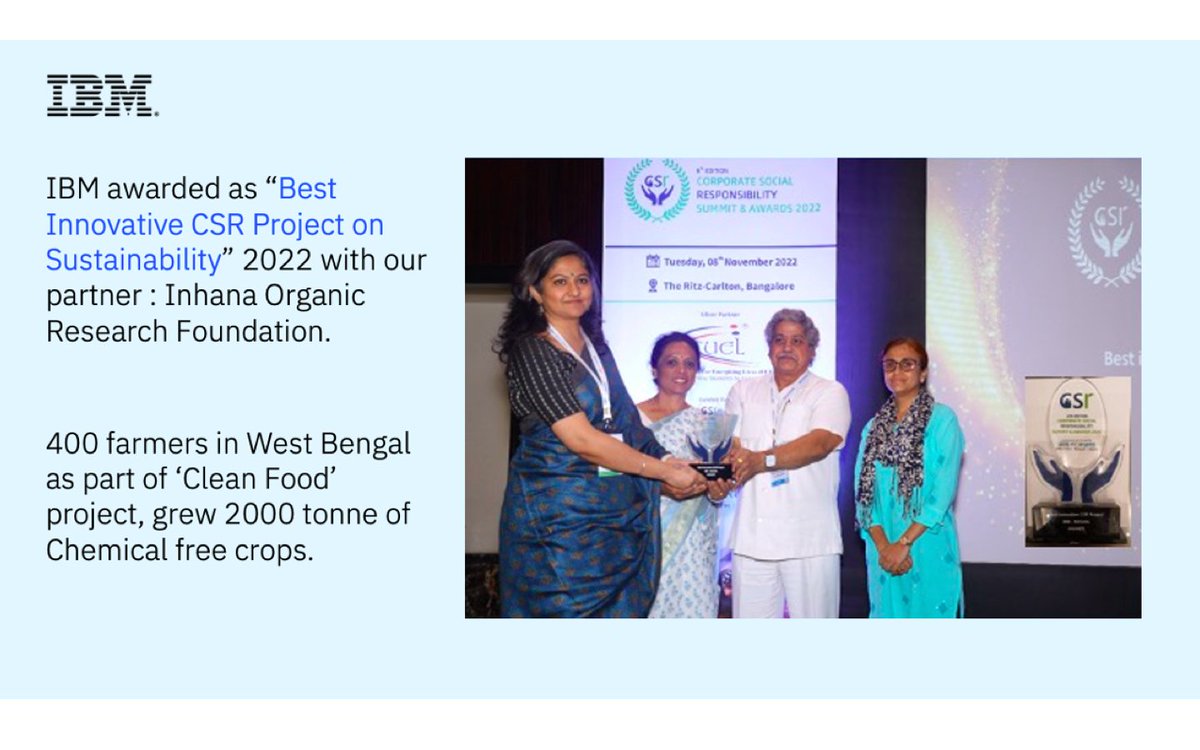 IBM India (@ibm_in) on Twitter photo ✨ #IBM with <a href="/InhanaK/">Inhana Organic Research Foundation (IORF), Kolkata</a> have been awarded for our first CSR program on #IBMSustainability: "Clean Food Project".
The program provides Farmers with data about their soil through the Soil Heath Cards resulting in cost-effective farming.
👏 <a href="/emailmanjob/">Manoj Balachandran</a> <a href="/ShobhaVMani3/">Shobha V Mani</a> @michaelbjacobs ✨ #IBM with <a href="/InhanaK/">Inhana Organic Research Foundation (IORF), Kolkata</a> have been awarded for our first CSR program on #IBMSustainability: "Clean Food Project".
The program provides Farmers with data about their soil through the Soil Heath Cards resulting in cost-effective farming.
👏 <a href="/emailmanjob/">Manoj Balachandran</a> <a href="/ShobhaVMani3/">Shobha V Mani</a> @michaelbjacobs