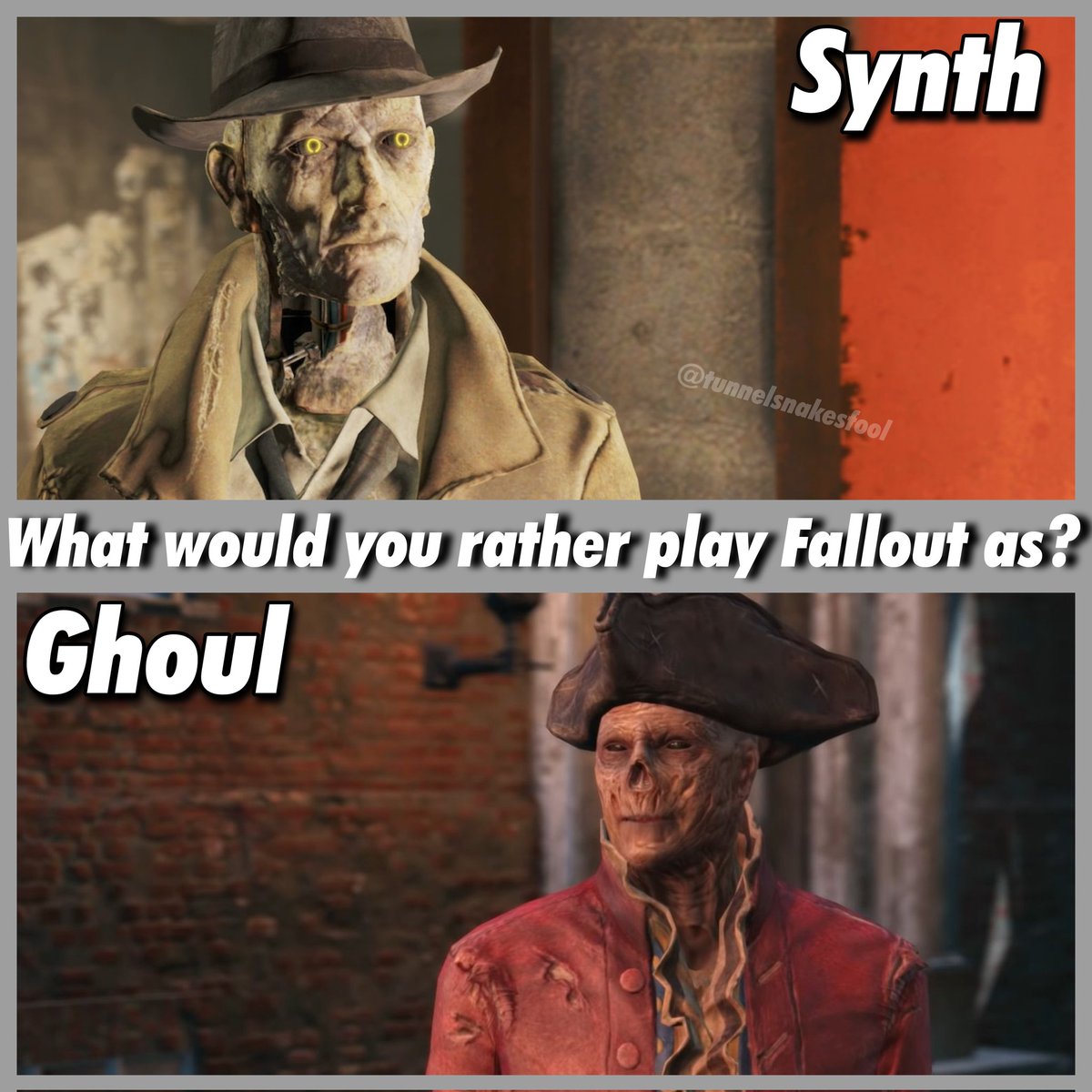 Tunnelsnakefool's tweet photo. Opinions? I'd go ghoul for many reasons 1 being rads heal you #fallout https://t.co/FT086ynNOQ