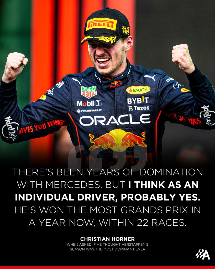 autosport's tweet photo. Christian Horner says that Max Verstappen’s 2022 title-winning season has been the most dominant performance from a driver he has ever seen 🏆

Do you agree with Horner? 🤔

#F1 #Autosport https://t.co/AjY5Br5O0F