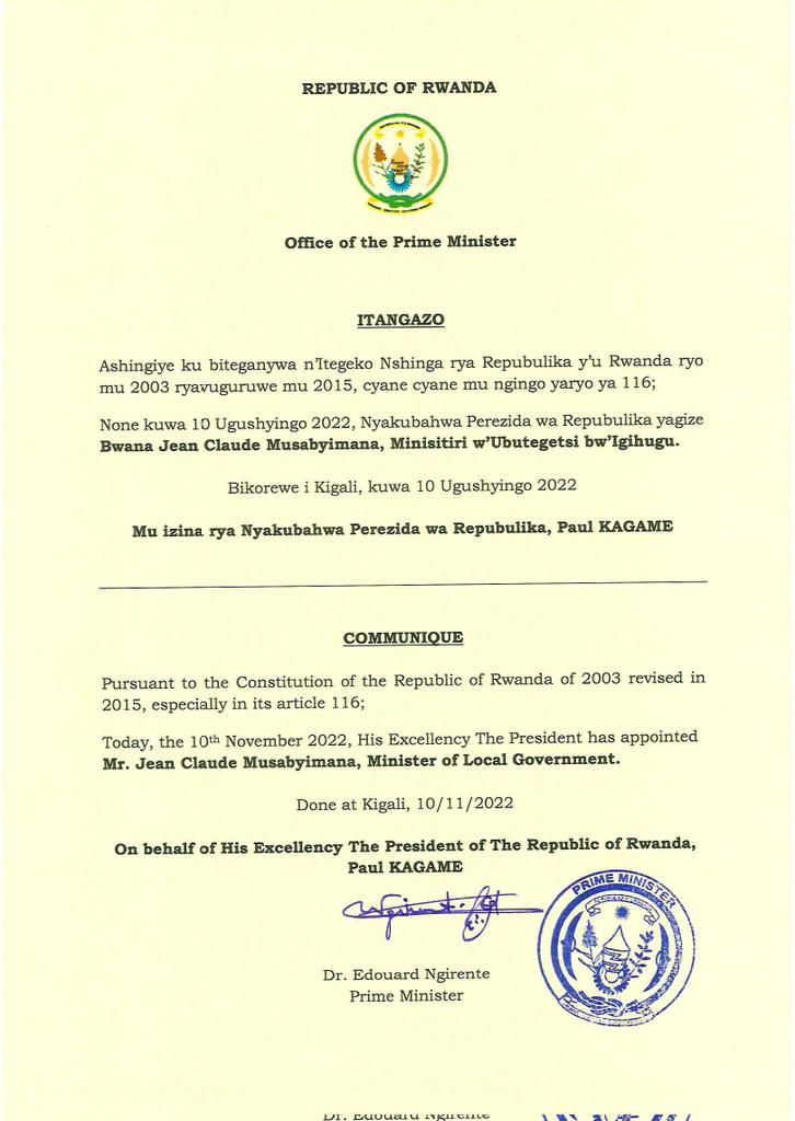 PrimatureRwanda's tweet photo. Itangazo riturutse mu Biro bya Minisitiri w'Intebe | Communiqué from the Office of the Prime Minister https://t.co/C4uwea3vzU