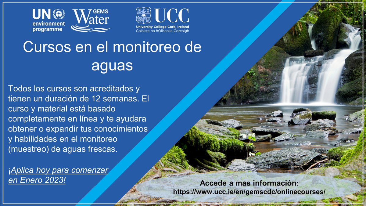 ¡Aplica ya! ¿Deseas mejorar tu conocimiento en monitoreo de la calidad del agua? Inscríbete en nuestro curso (12 semanas - Enero 2023) en el diseño de programas para el monitoreo del agua. Requiere conocimiento practico de Ingles. Información aquí: tinyurl.com/ypypeumd