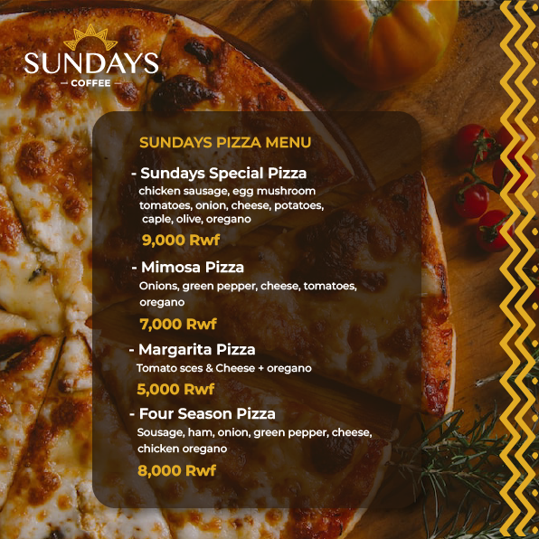 sundays_rw's tweet photo. You'll love the taste!
Buy 1 get 1 free on both Pizza and Burgers, from 8th to 11th November.
Call: +250 791 676 630 https://t.co/qeZkWIeMEH