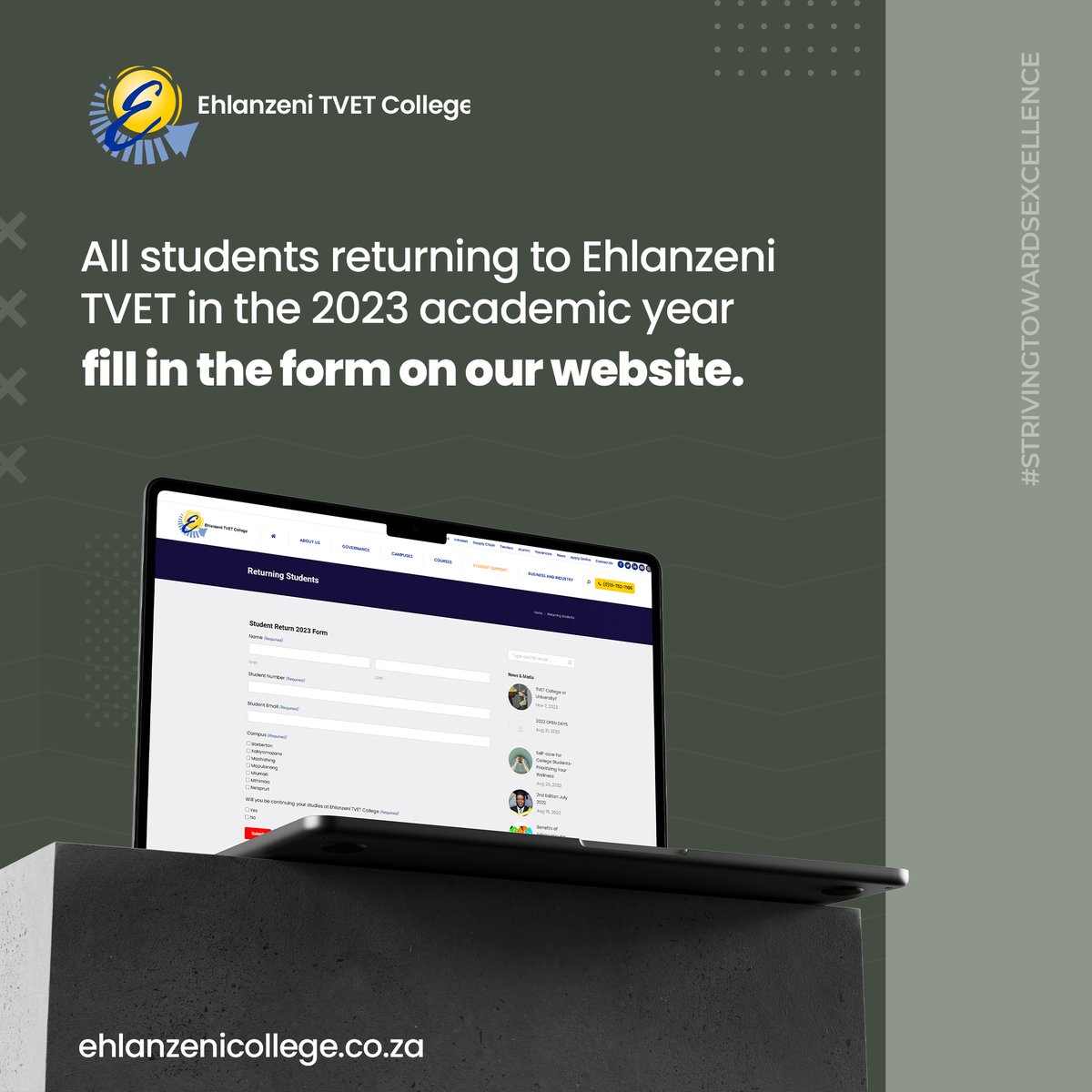 If you will be returning to Ehlanzeni TVET next year, there is a form on our website that you need to fill in. Click bit.ly/3WP7mIk to fill in the form. 
#EhlanzeniCollege #TVETCollege #ReturiningStudents #FillInTheForm #ClickOnLink