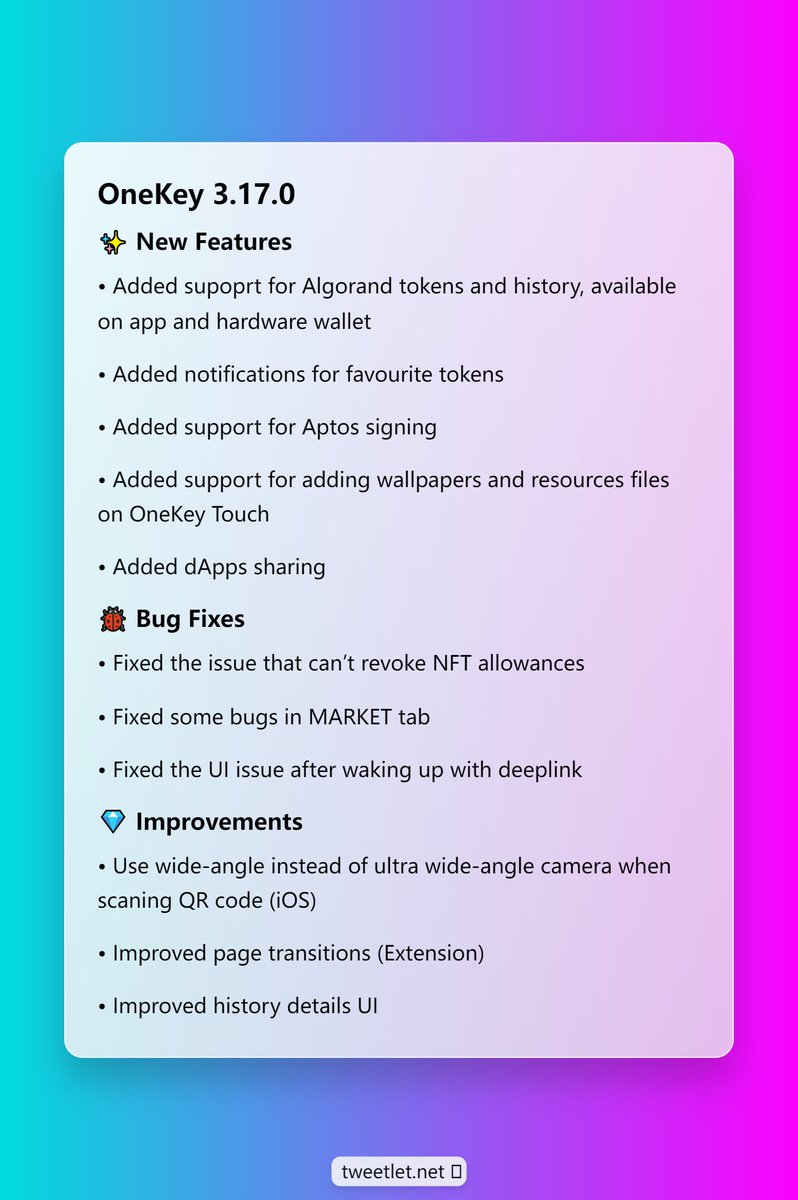 OneKeyHQ's tweet photo. #OneKeydaily
🔑OneKey 3.17.0 has been released on all platforms.
🙌 Keep Building
👉https://t.co/w7VXSfv3fk
#Hardwarewallet #HYOK #safety https://t.co/yfYLMtzhRT