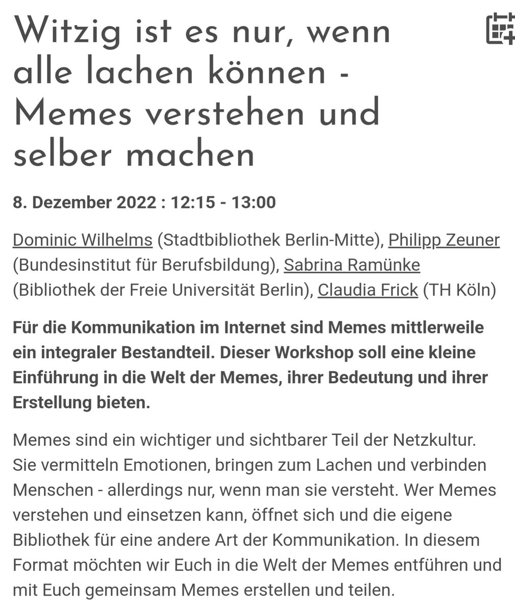 Zusammen mit <a href="/CaptainJuniper/">CaptainJuniper</a> <a href="/Piluchen/">Pilu</a> und @buch_schubser gibt es eine Session zu #Memes unter dem Titel "Witzig ist es nur, wenn alle lachen können - Memes verstehen und selber machen" und ich freue mich schon mega. vbib.net/vbib22-program…
