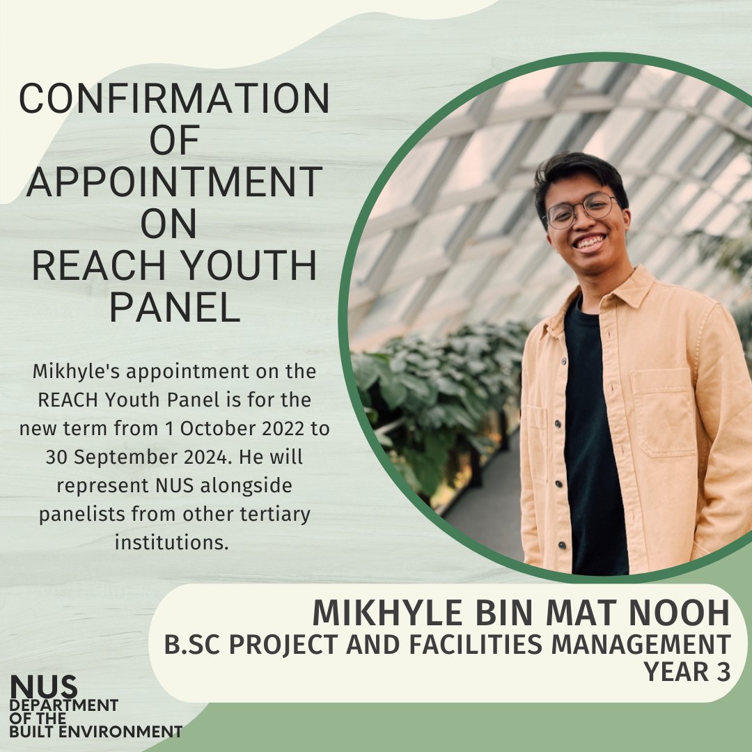 Congratulations Mikhyle Bin Mat Nooh on receiving his confirmation of appointment on the REACH Youth Panel.

Mikhyle will be involved in kickstarting feedback initiatives within their schools and empower our youth members to engage their peers on key national issues. 

#NUS #DBE