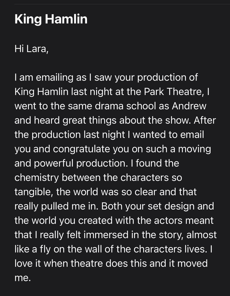 Another great ‘Audience reaction’

Don’t miss KING HAMLIN
Last shows. Must close Nov 12
parktheatre.co.uk/whats-on/king-…

<a href="/ParkTheatre/">Park Theatre</a> <a href="/osilua/">Gloria Williams - Award winning Playwright</a> #kinghamlin