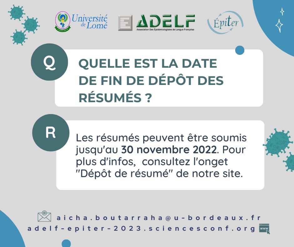 Vous avez encore jusqu'au 30 Novembre 2022 pour envoyer vos résumés au Congrès d'Épidémiologie et de Santé Publique ADELF-EPITER de Lomé.

Rdv sur adelf-epiter-2023.sciencesconf.org/resource/page/… pour connaître les conditions.

Infos: adelf-epiter-2023.sciencesconf.org

📍Lomé, Togo
🗓️ 15-16 Mars 2023

#TgTwittos
