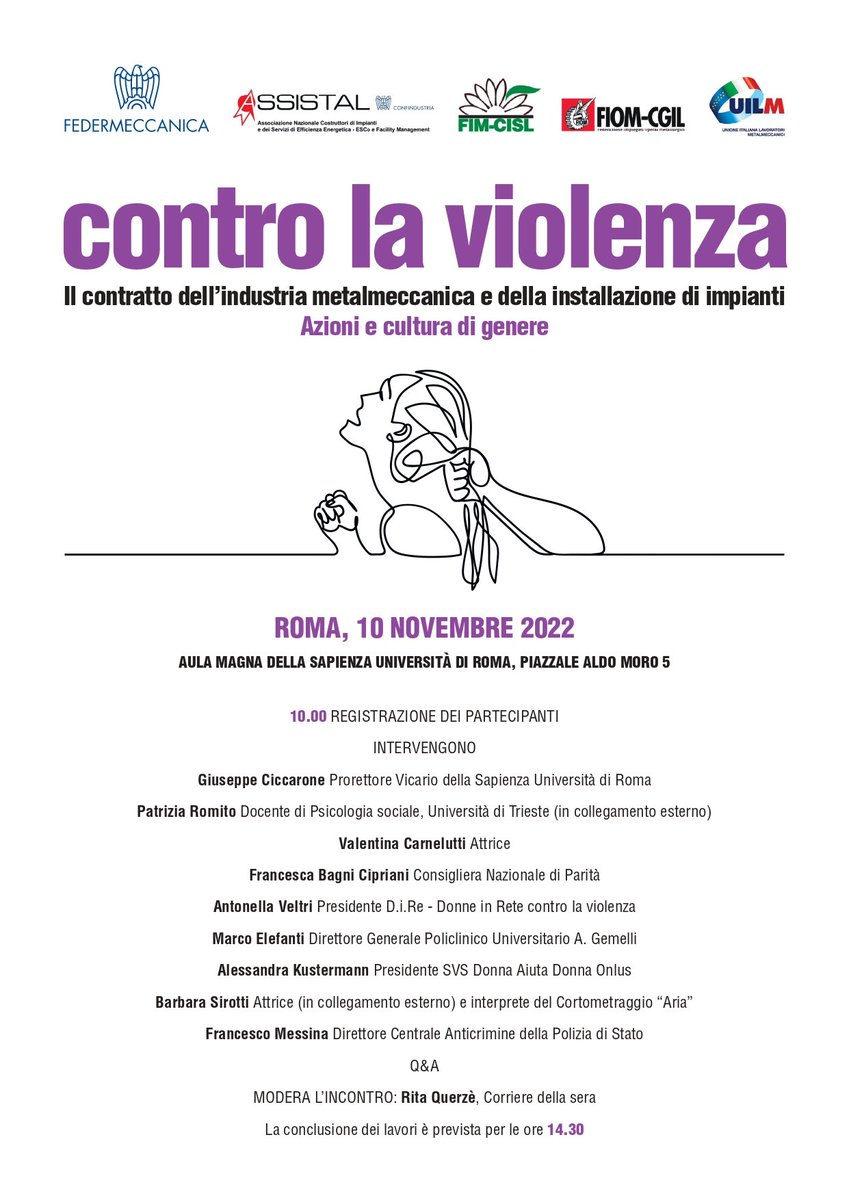 assistal's tweet photo. #Controlaviolenza Evento nazionale #ASSISTAL @Federmeccanica @FIMCislStampa @fiomnet @UilmNazionale 
Per contrastare il fenomeno è necessario un ruolo attivo del mondo del lavoro. Nel nostro #ccnl, soluzioni pragmatiche a sostegno delle donne vittime di violenza. https://t.co/mVCAgCFoQ6