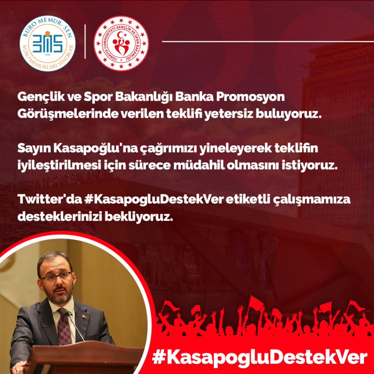 KaanCetinbas's tweet photo. Gençlik ve Spor Bakanlığı Banka Promosyon Görüşmelerinde verilen teklifi yetersiz buluyoruz.

Sayın @kasapoglu’na çağrımızı yineleyerek teklifin iyileştirilmesi için sürece müdahil olmasını istiyoruz.

Twitter'da #KasapogluDestekVer etiketli çalışmamıza desteklerinizi bekliyoruz. https://t.co/o5B8EyMntC
