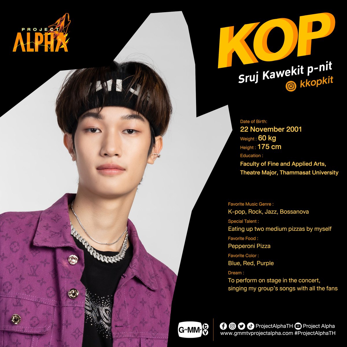ProjectAlphaTH's tweet photo. LET’S GET TO KNOW “KOP” #ProjectAlphaTH 
.
ช่องทางติดตามผู้เข้าแข่งขัน Project Alpha
Kop | IG : kkopkit   
.  
#GMMTV https://t.co/OgSmRSvTZe