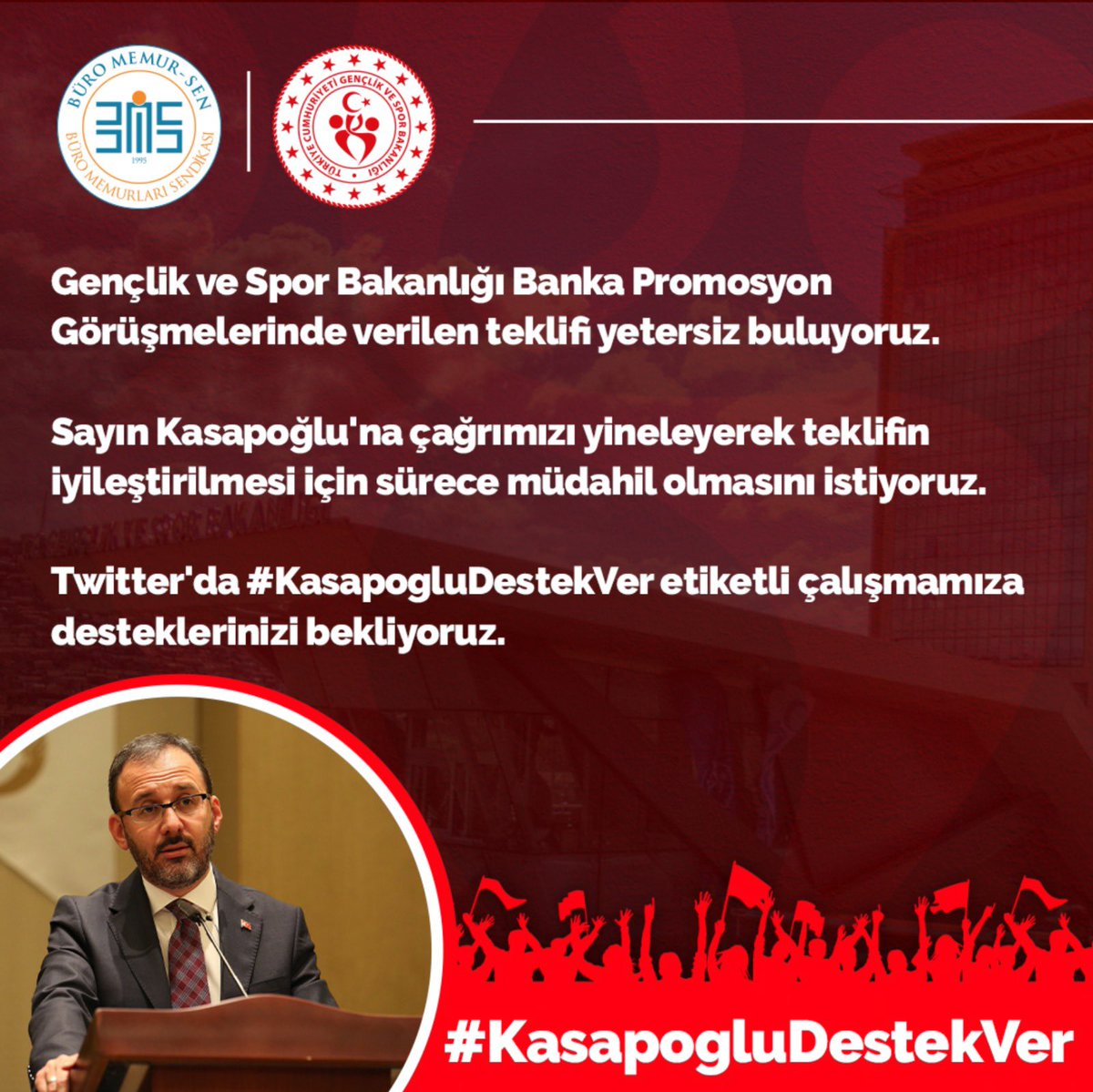 AhmetKizil9's tweet photo. Gençlik ve Spor Bakanlığı Banka Promosyon Görüşmelerinde verilen teklifi yetersiz buluyoruz.

Sayın Kasapoğlu'na çağrımızı yineleyerek teklifin iyileştirilmesi için sürece müdahil olmasını istiyoruz.

Twitter'da #KasapogluDestekVer etiketli çalışmamıza desteklerinizi bekliyoruz. https://t.co/vtIBsDCeVc