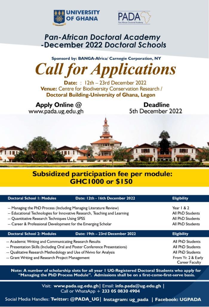 PADA_UG's tweet photo. It's that time of the year again! The UG-Pan African Doctoral Academy invites you to be a part of its December Doctoral Schools taking place at the Centre for African Wetlands &amp; the UG Doctoral Building Click the link below to register https://t.co/3I8O7nlXFO
Deadline: 5/12/22 https://t.co/XD7TFoenJW
