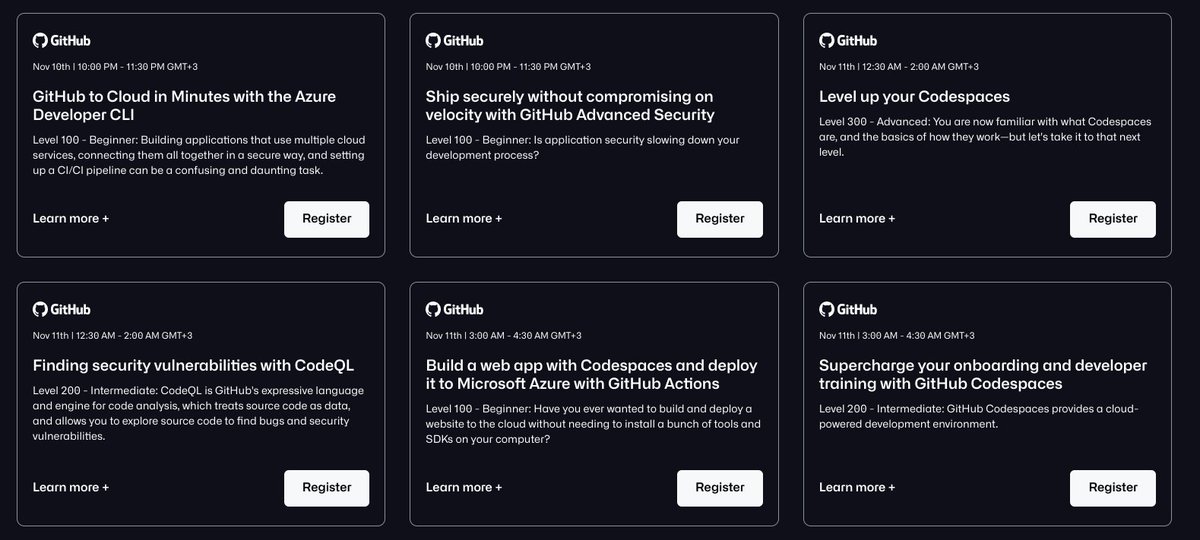 CatherineKiiru's tweet image. So the #githubuniverse2022 also has workshops, check out this lineup. 
The virtual pass is free of charge so you won't have to pay to access the workshops. But you still need to register