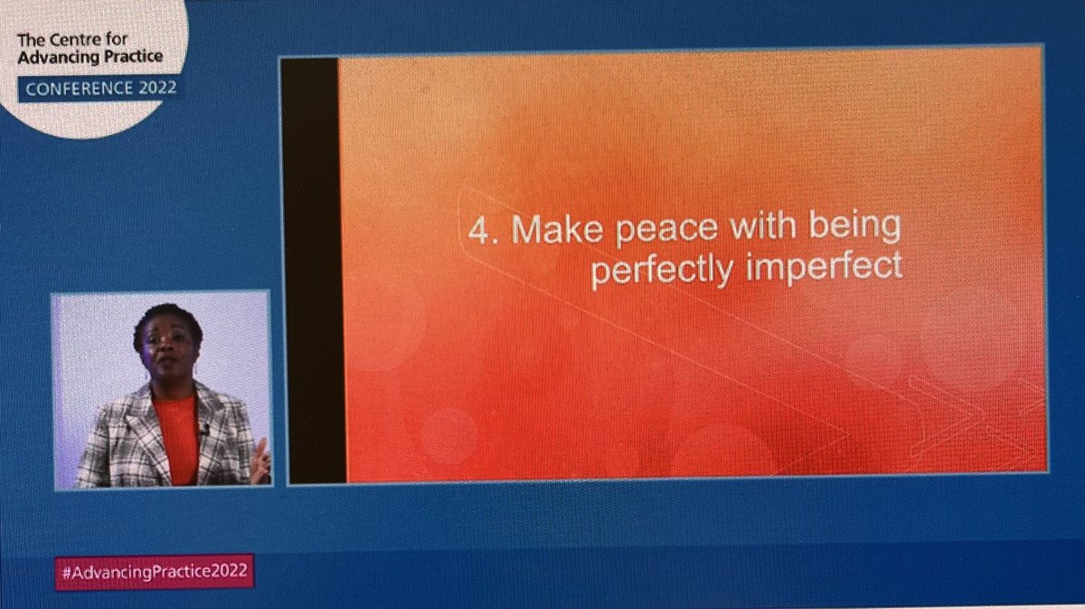 NHSRachaelM's tweet image. “Make Peace with being perfectly imperfect” 

Having a moment behind my screen listening to @lauraserrant 😍

What a woman. What a motto 👏🏼

#AdvancingPractice2022 #LiftAsYouClimb #OurNHSPeople 

@NHS_HealthEdEng @NHSLeadership