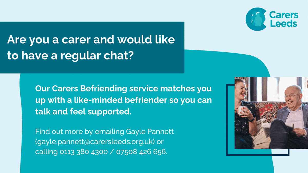 Nikki1Pattinson's tweet photo. Did you know that our #befriending service is open for referrals? For any unpaid #carer in #Leeds. Contact our friendly co-ordinator Gayle for more info https://t.co/LOFBVvGrvO