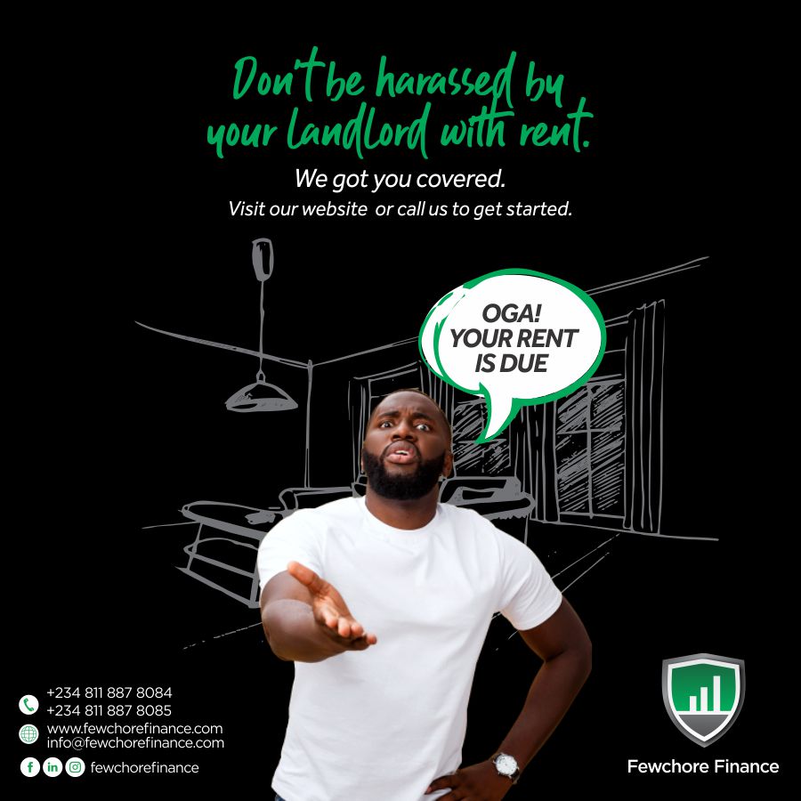 Sort your rent before due date.

Apply for a rent today without stress.

Visit our website 🌐 fewchorefinance.com or call us on 📞 08118878084, 08118878085 to get started.

You can also contact us via 📧 info@fewchorefinance.com

#salaryadvance#Loans#rentloans