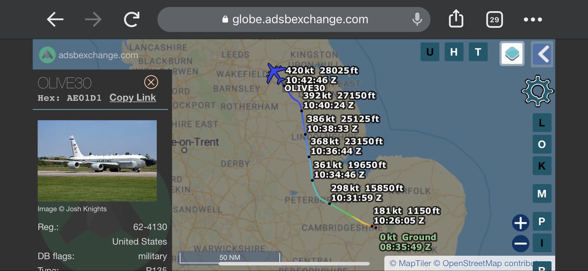 TheSnoopySnoop's tweet photo. #OLIVE30 arrived to Mildenhall from the Gulf yesterday & is airborne assumed returning to USA just now #AvGeek #planespotting #milair #haveglass https://t.co/zn2U7A9qWo