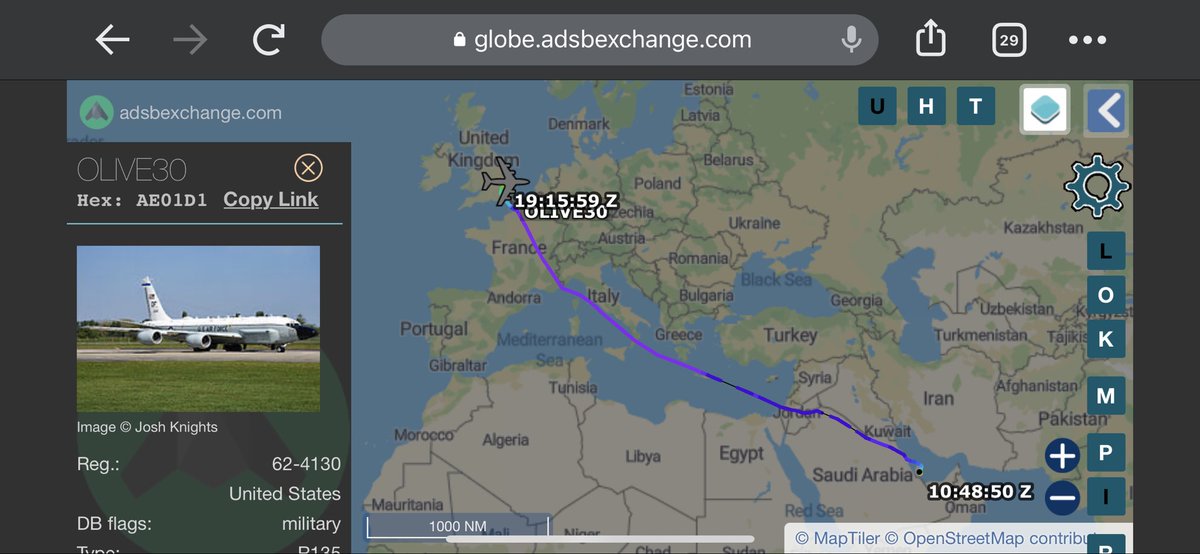 TheSnoopySnoop's tweet photo. #OLIVE30 arrived to Mildenhall from the Gulf yesterday & is airborne assumed returning to USA just now #AvGeek #planespotting #milair #haveglass https://t.co/zn2U7A9qWo