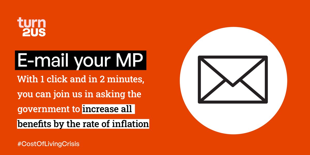 You can help. Writing to your MP to ask them to support increasing all benefits by inflation as usual takes just 2 minutes.⬇️ [2/2] turn2us.eaction.org.uk/UprateBenefits