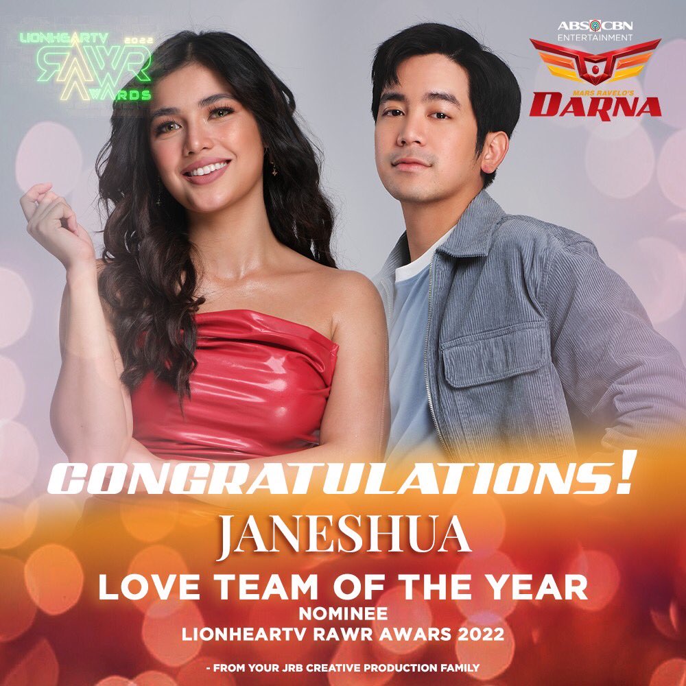 JRBcreativeprod's tweet photo. Congratulations, @imjanedeleon at @garciajoshuae sa inyong LOVE TEAM OF THE YEAR nomination for #Darna sa Rawr Awards 2022!❤️‍🔥 #RawrAwards2022🔥 https://t.co/tnJp4ON88E