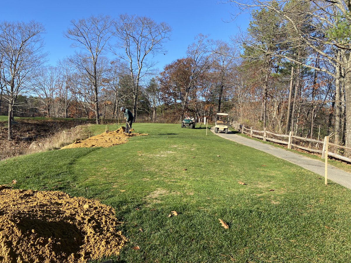 supercncc's tweet image. Started work on the 8th tee box yesterday. We’ll connect the small blue tee to the large white/black tee box to make one big tee. Adding almost 14” material to the front to level the surface