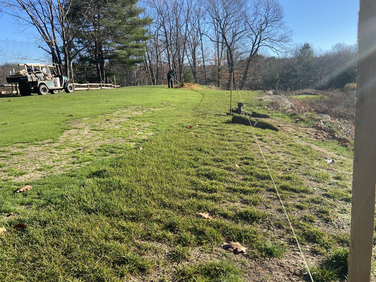 supercncc's tweet image. Started work on the 8th tee box yesterday. We’ll connect the small blue tee to the large white/black tee box to make one big tee. Adding almost 14” material to the front to level the surface