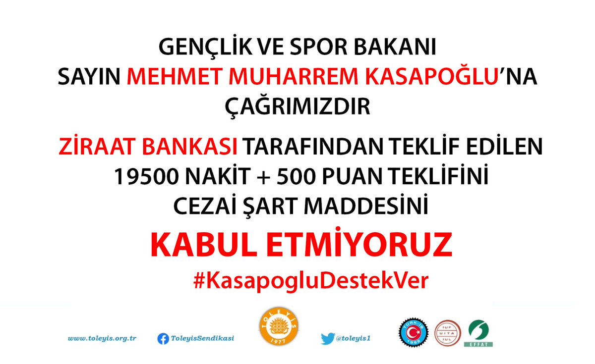 Omer_Bademlik's tweet photo. Gençlik ve Spor Bakanı Sn. Mehmet Kasapoğlu @kasapoglu Toleyis olarak Ziraat Bankası @ziraatbankasi tarafından verilen son teklifin üyelerimizin sosyal refahına uygun bir rakama çıkması için yükseltilmesi adına destek olmanız için size çağrıda bulunuyoruz. #KasapogluDestekVer https://t.co/FFKn6oQpDb