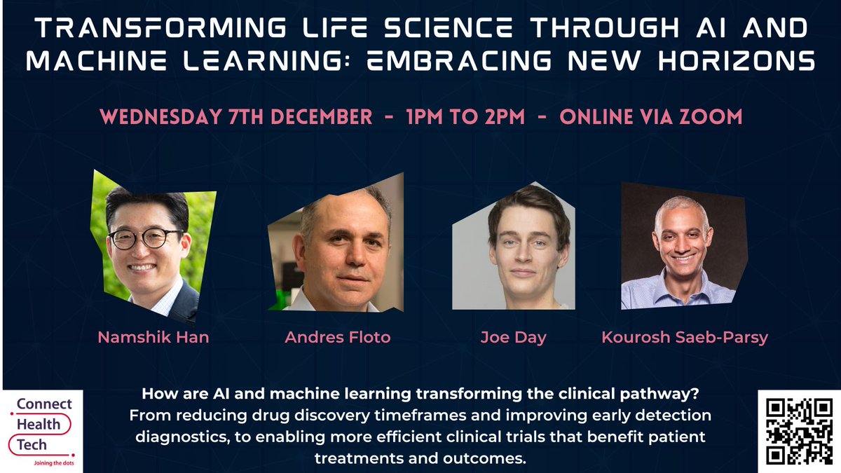 Transforming life science through AI and machine learning: embracing new horizons 7th Dec, 1-2pm, Online Brought to you by Connect: Health Tech, this promises to be a great panel discussion on how machine learning is transforming the clinical pathway. eventbrite.co.uk/e/transforming…