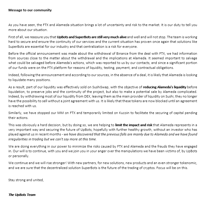 UpBots's tweet image. UpBots and SuperBots are still very much alive and well and will not stop. The team is working hard to secure and ensure the continuity of our services and the current situation has proven once again that solutions like @SuperBots_Fi  are essential for our industry