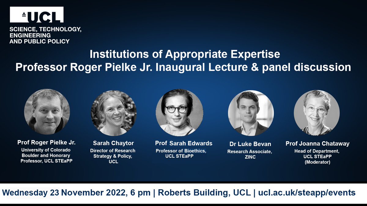 UCLSTEaPP's tweet photo. Today! There's still time to grab tickets for @RogerPielkeJr's Inaugural Lecture as Honorary Prof @UCLSTEaPP on Institutions of Appropriate Expertise and join our panel discussion w/ @sarahchaytor_, Prof Sarah Edwards & @lukebevan #UCLMinds
Register ⬇️
https://t.co/WP0iZ4znAk https://t.co/sC677Mbpqc