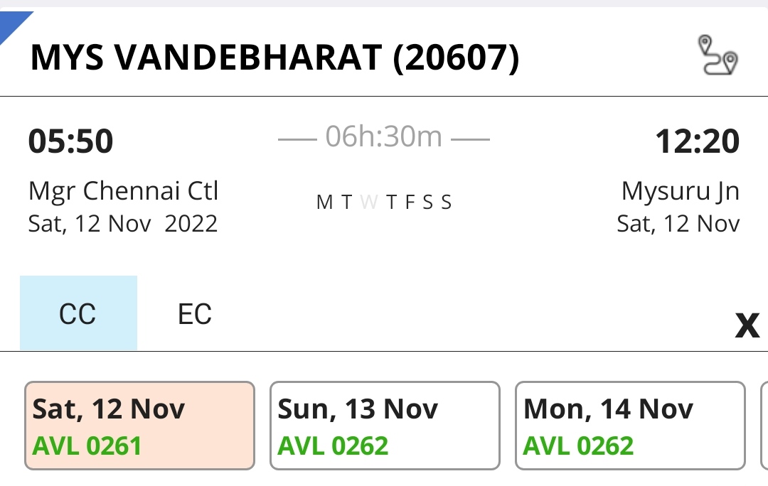 KARailway's tweet photo. Bookings starts for #Mysuru VandeBharat Express from #Chennai end https://t.co/IoYm84ZQyf