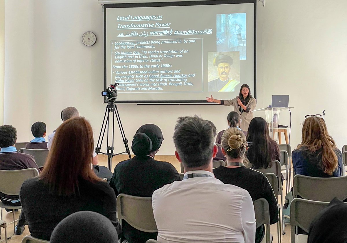 NLCSDubai's tweet photo. This week, Mrs Shaikh delivered a fascinating #NicholsonLecture on the impact of the adaptation and translation of Shakespearean text in India and how over time, his plays have mostly fostered meaningful and transformative intercultural theatrical experiences for all.
#NLCSDubai https://t.co/QXwlMN6zVW