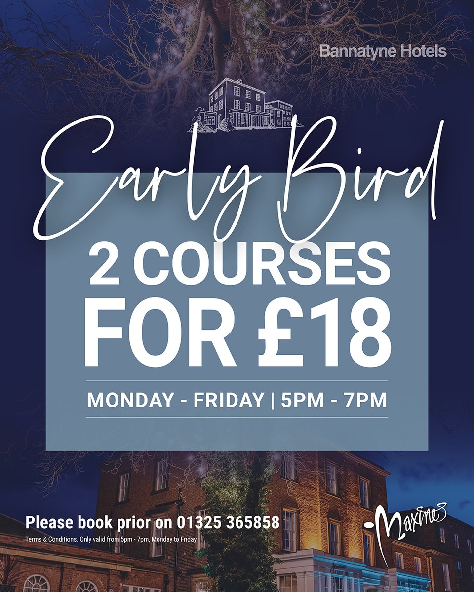 Early Bird Monday - Friday🥂

2 courses for £18.00. 5pm - 7pm ✨

To book, please phone 01325 365858