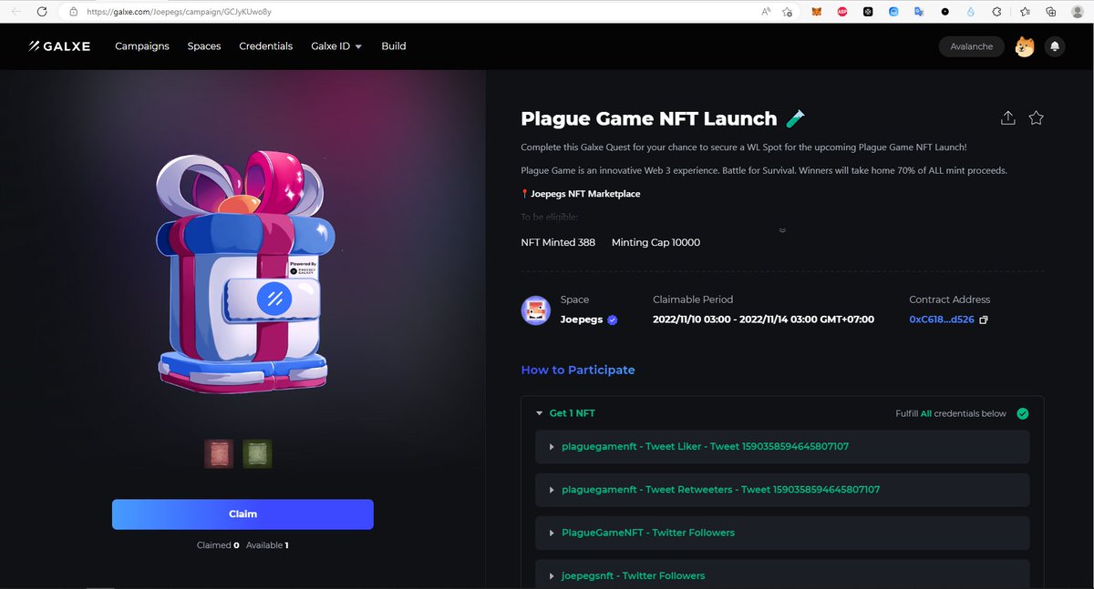 🆘 Kèo nóng bỏng tay - Plague Game NFT của Avalanche Launching

👀 Thời gian kết thúc: 14/11
📛 Giới hạn: 10000 NFT 

💩 Link claim:
galxe.com/Joepegs/campai…

10000 NFT mà có tới 2000 suất WL thì tỉ lệ trúng là cao. Đợi mình nạp thêm ít AVAX rồi tiến hành gửi fee