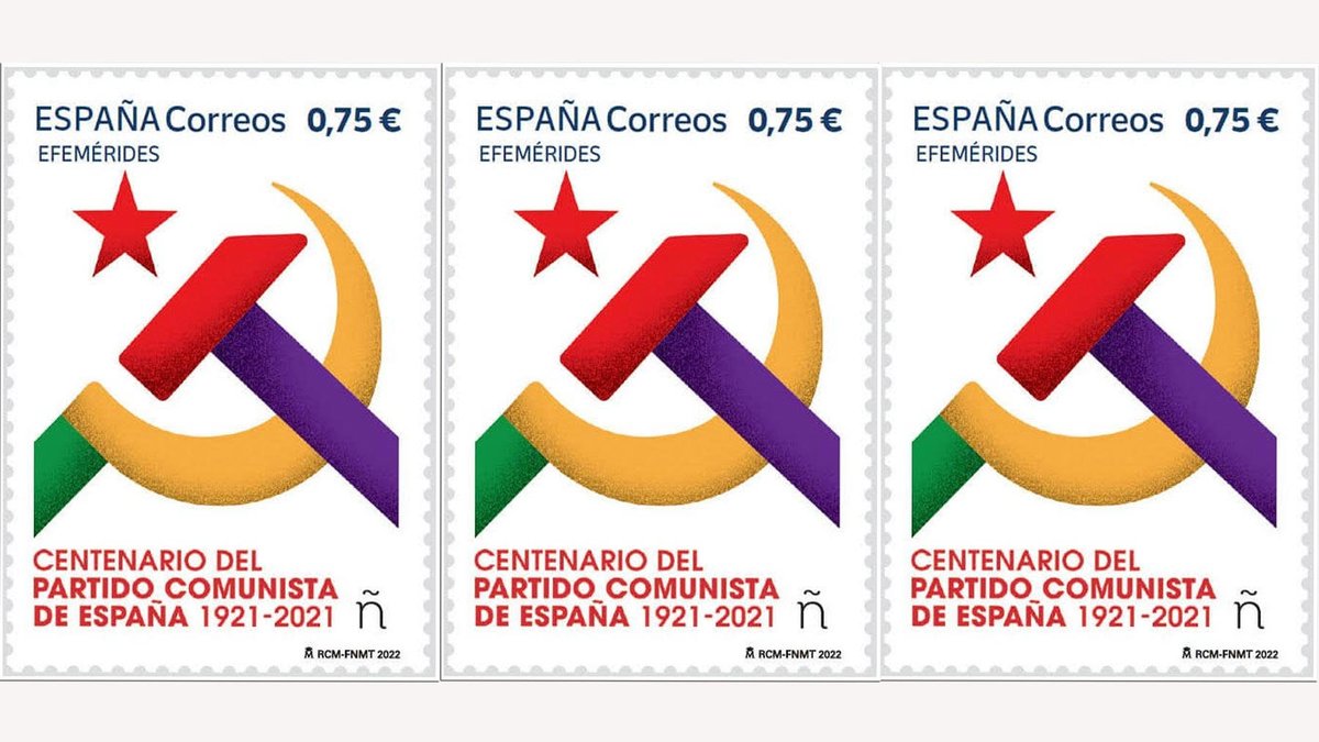 CapitanBitcoin's tweet image. ¿Te imaginas a Alemania emitiendo símbolos nazis? Pues el régimen español empezará a emitir este sello a través de Correos, en conmemoración del centenario del Partido Comunista, responsable de la matanza de Paracuellos y que pretendía la dictadura del proletariado.