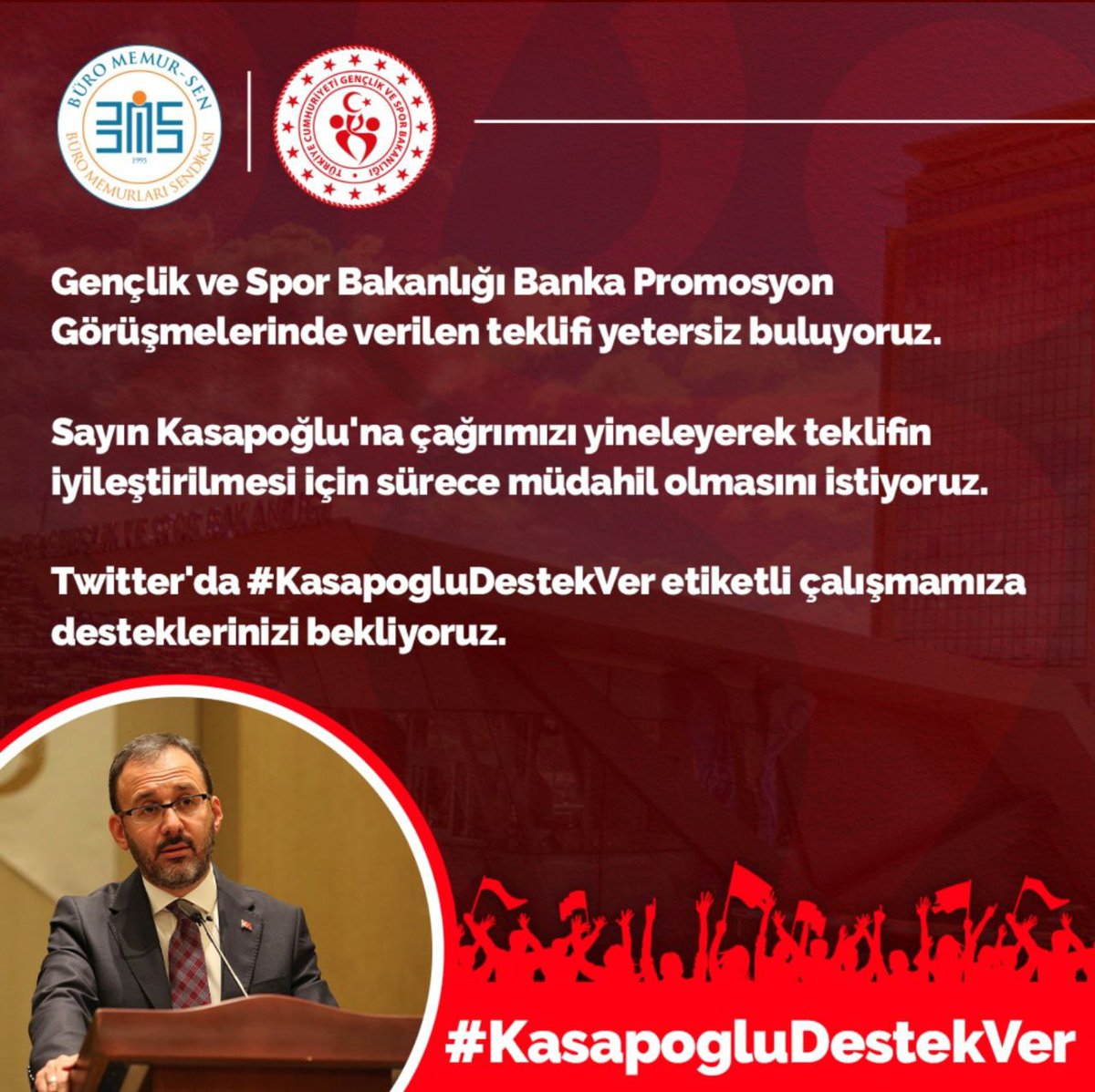 serpilaydemirr's tweet photo. GSB çalışanı, İşçisi, Memuru,tüm çalışanlar adına son bir ilave bekliyoruz.

Gençlik ve Spor Bakanı Sayın Mehmet Kasapoğlu'na banka promosyon teklifinin iyileştirilmesi için çağrımızı yineliyoruz.

#KasapogluDestekVer
@kasapoglu @ziraatbankasi @BuroMemurSen_ https://t.co/HA2ZiK2oVW