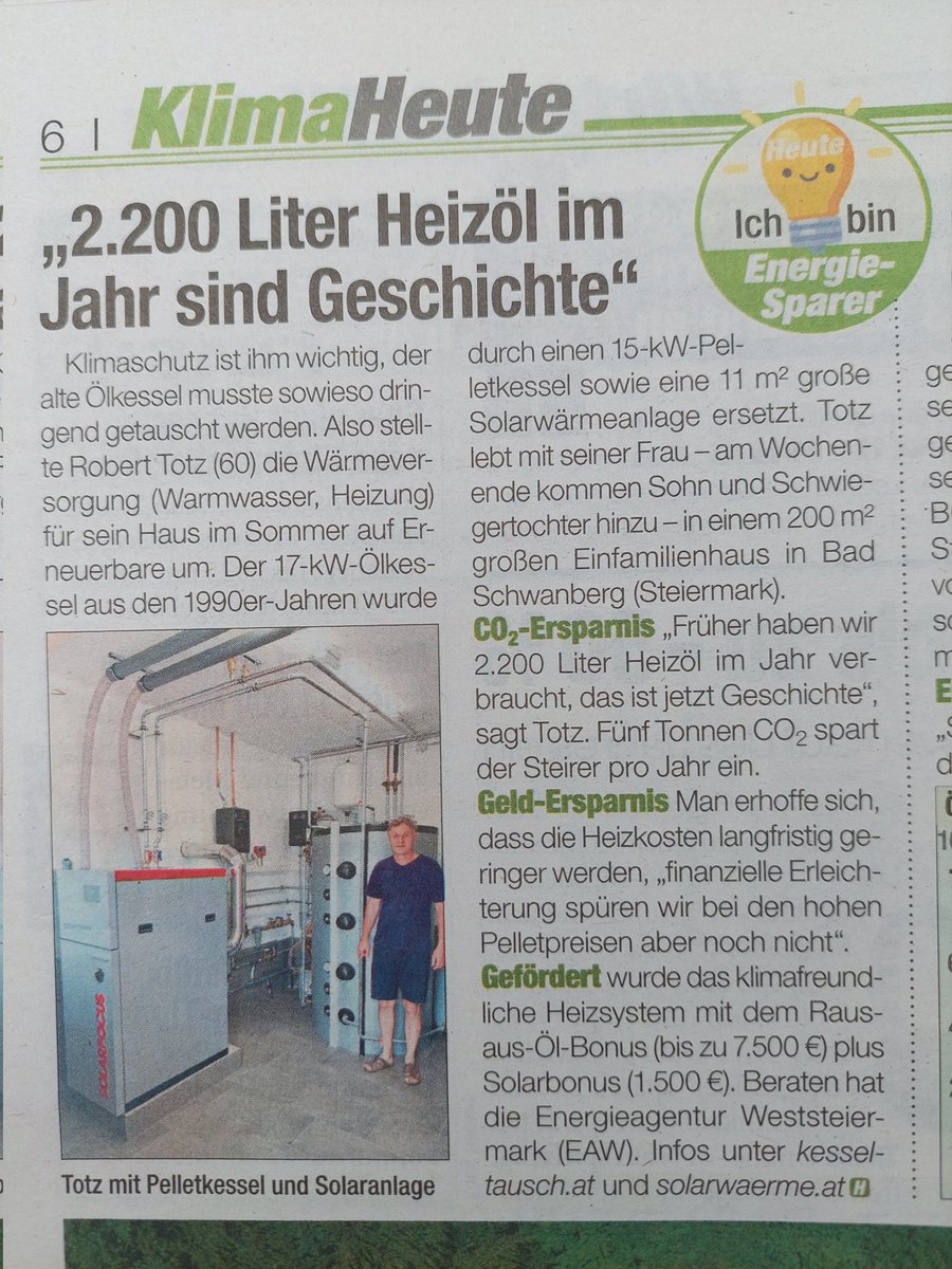AustriaSolar's tweet photo. "2.200 Liter Heizöl im Jahr sind Geschichte." Wie man den Energiekosten mit Holzheizung und Solarwärme ein Schnippchen schlägt, steht heute in der Kolumne von @LydiaMatzka. ☀️ #Energiewende #Solarbonus https://t.co/5XIIvWPLUs