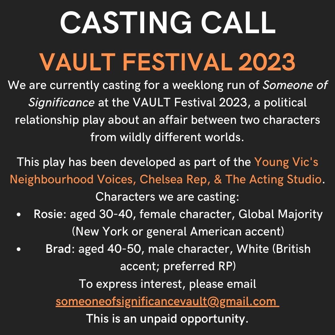 CALLING ALL ACTORS!
Join the company for an exciting piece of new writing by <a href="/AmaliaKontesi/">Amalia Kontesi</a> at @VAULTFestival &amp; <a href="/Network_Theatre/">Network Theatre</a> in Feb-March next year.
See below for details and please RT or share with anyone who may be interested