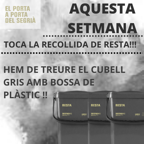 segriapap's tweet photo. 📢Aquesta setmana toca la recollida de RESTA‼️
#TerradePonent #PaP #CCSegria #Segriaresidus #Sostenibilitat #Reciclatge
@AjAlcarras @ArtesaLleida @llardecans @AjSoses @ajcorbins @AgenTorrebesses @AjGranjaEscarp @ajuntamentaspa @ajmaials @Porta_a_Porta https://t.co/qJ7UoaWnJn