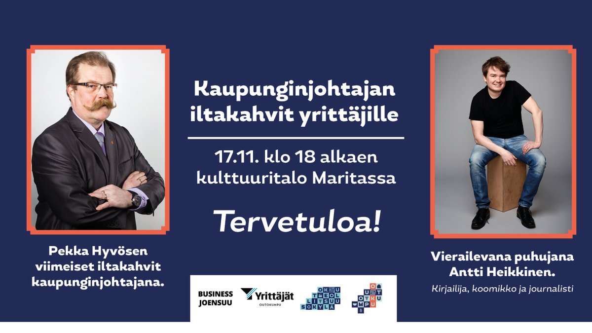 Outokummun eläköityvän kaupunginjohtajan, Pekka Hyvösen, viimeiset iltakahvit yrittäjille kulttuuritalo Maritassa torstaina 17.11.2022 kello 18 alkaen.

Vierailevana puhujana kirjailija, koomikko ja journalisti Antti Heikkinen. 

tapahtumat.pohjois-karjala.fi/fi-FI/page/635…