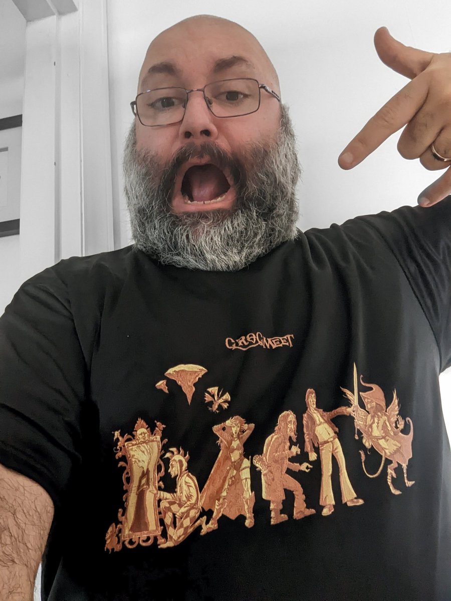 Ready for Grogmeet tomorrow! Looking forward to playing a lot of good games with some excellent GMs. Also, running Mothership on the Saturday evening. This is the face of someone who listens to too much prog.