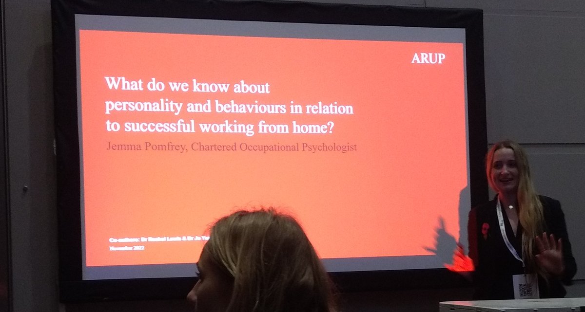 Jemma Pomfrey from <a href="/Arup/">Arup</a> sharing lessons on working from home, research with <a href="/rachelclewis11/">Rachel Lewis</a> and Jo Yarker at <a href="/ABPsychologists/">ABP Work Psychology</a> conference. Success factors include 1. clarity on job and task responsibility, 2. treat WFH as normal and 3. fair manager recognition